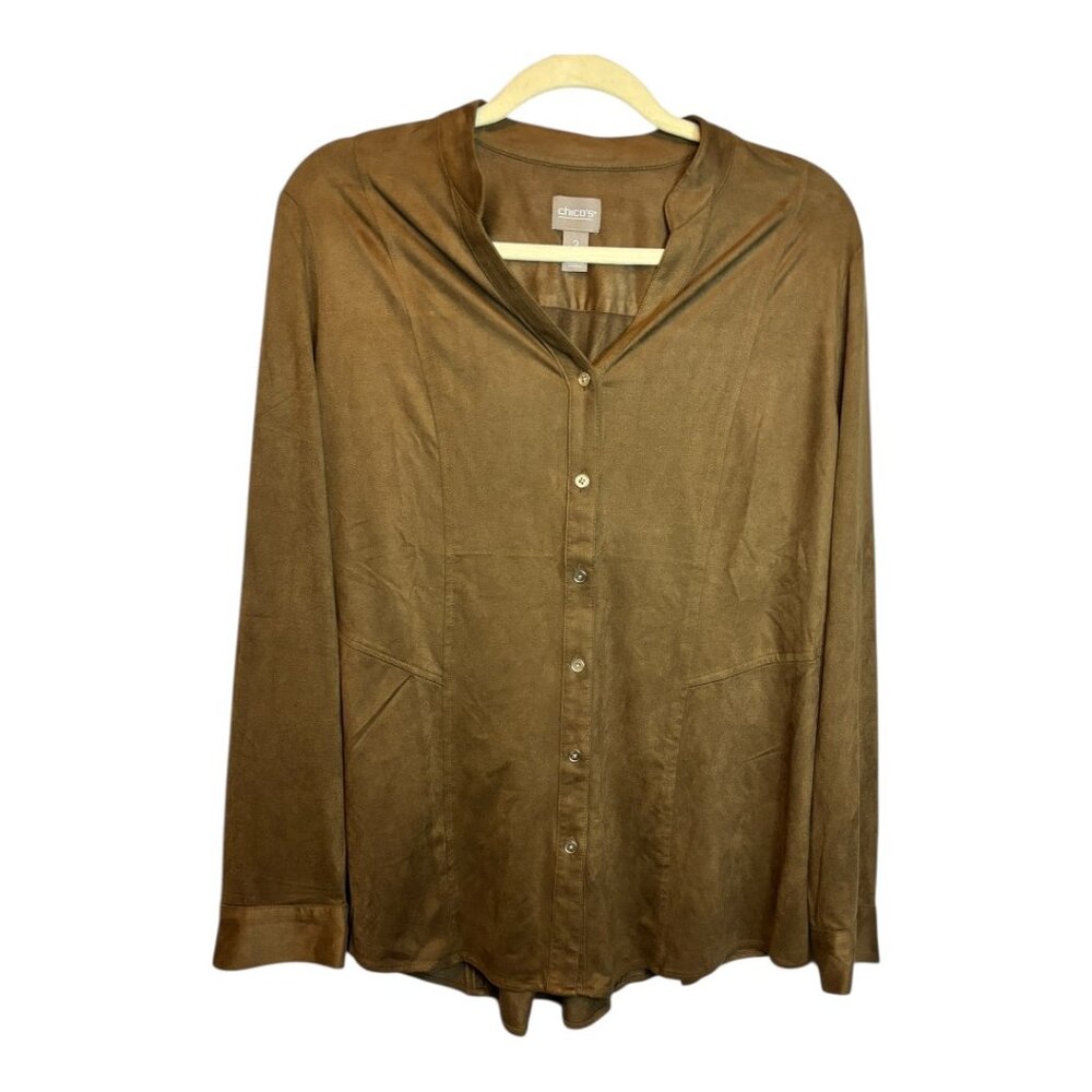 Chico's Blouse Women's Size Large Faux‎ Suede Button Down Brown Chicos 2